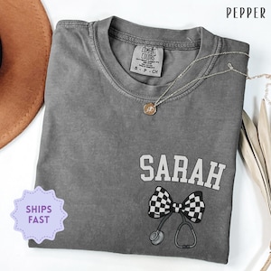 Comfort Colors ® Nurse Shirt, Personalized Nurse Gift, Coquette RN T-Shirt, Pocket Print Nurse Tee, Checkered Bow Top, Custom Name Shirts