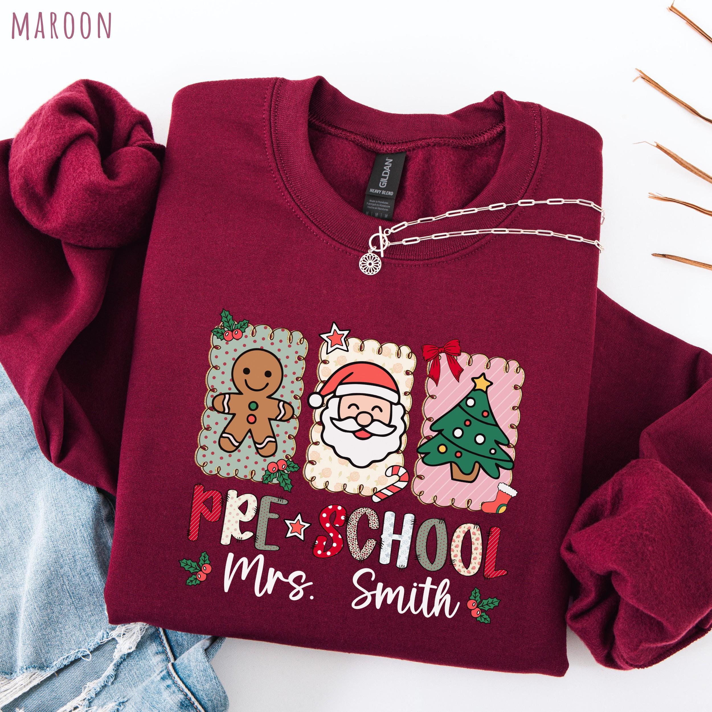 Christmas Preschool Teacher Sweatshirt, Personalized Pre-K Christmas Shirt, Custom Name Teacher Xmas Long Sleeves, Retro Vintage Themed Top