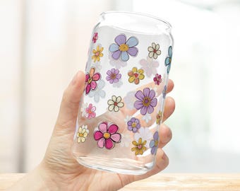 Retro Flowers Iced Coffee Cup, Floral Glass Can with Lid and Straw, Spring Glass Tumbler 16oz, Summer Sipper Cup, Coffee Lover Gift