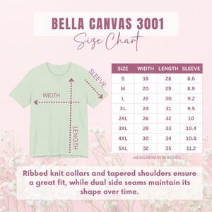 May include: A light green Bella Canvas 3001 t-shirt size chart. The chart includes measurements in inches for width, length, and sleeve length, ranging from size S to 5XL. The text also mentions ribbed knit collars and tapered shoulders.