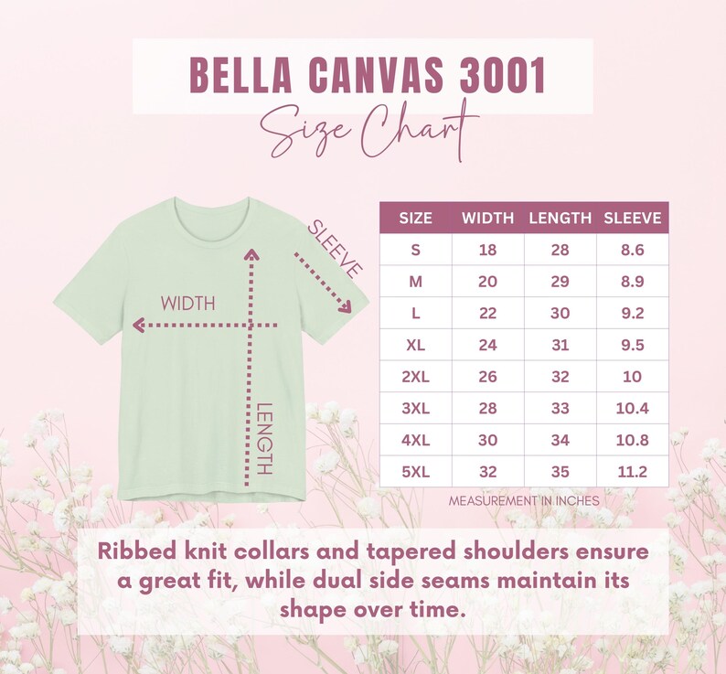 May include: A light green Bella Canvas 3001 t-shirt size chart. The chart includes measurements in inches for width, length, and sleeve length, ranging from size S to 5XL. The text also mentions ribbed knit collars and tapered shoulders.