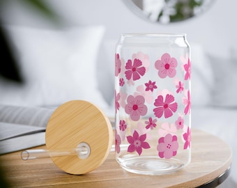 Pink Flowers Glass Tumbler, Pink Floral Sipper Cup 16oz, Iced Coffee Cup with Lid and Straw, Cute Glass Can, Retro Libby Glass, Women Gift