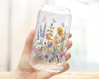Wildflower Glass Tumbler 16oz Floral Iced Coffee Glass Can With Lid And Straw Cottagecore Libbey Glass Flower Sipper Glass Gift For Women