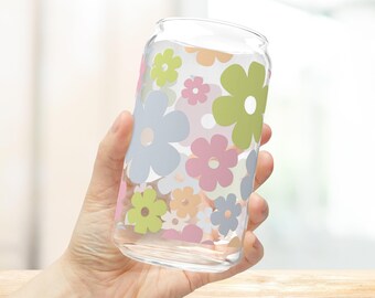 Retro Flowers Glass Cup, Floral Glass Tumbler with Lid and Straw, Iced Coffee Cup 16oz, Coffee Lover Gift for Women, Cute Boho Sipper Cup