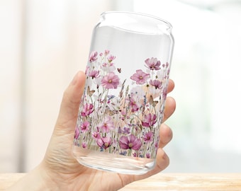 Wildflower Iced Coffee Cup 16oz With Lid And Straw Botanical Coffee Lover Gift Flower Glass Cup Cottagecore Glass Tumbler Floral Glass Can