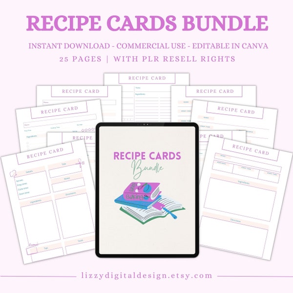 Recipe Cards Bundle Editable Recipe Card Template Printable Recipe Journal Recipe Planner Inserts Resell Rights PLR Canva Template