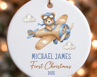 Baby Boy First Christmas Ornament, Personalized Baby 1st Keepsake, Bear On Airplane 2025 Custom Ornament, New Parents Christmas Gift