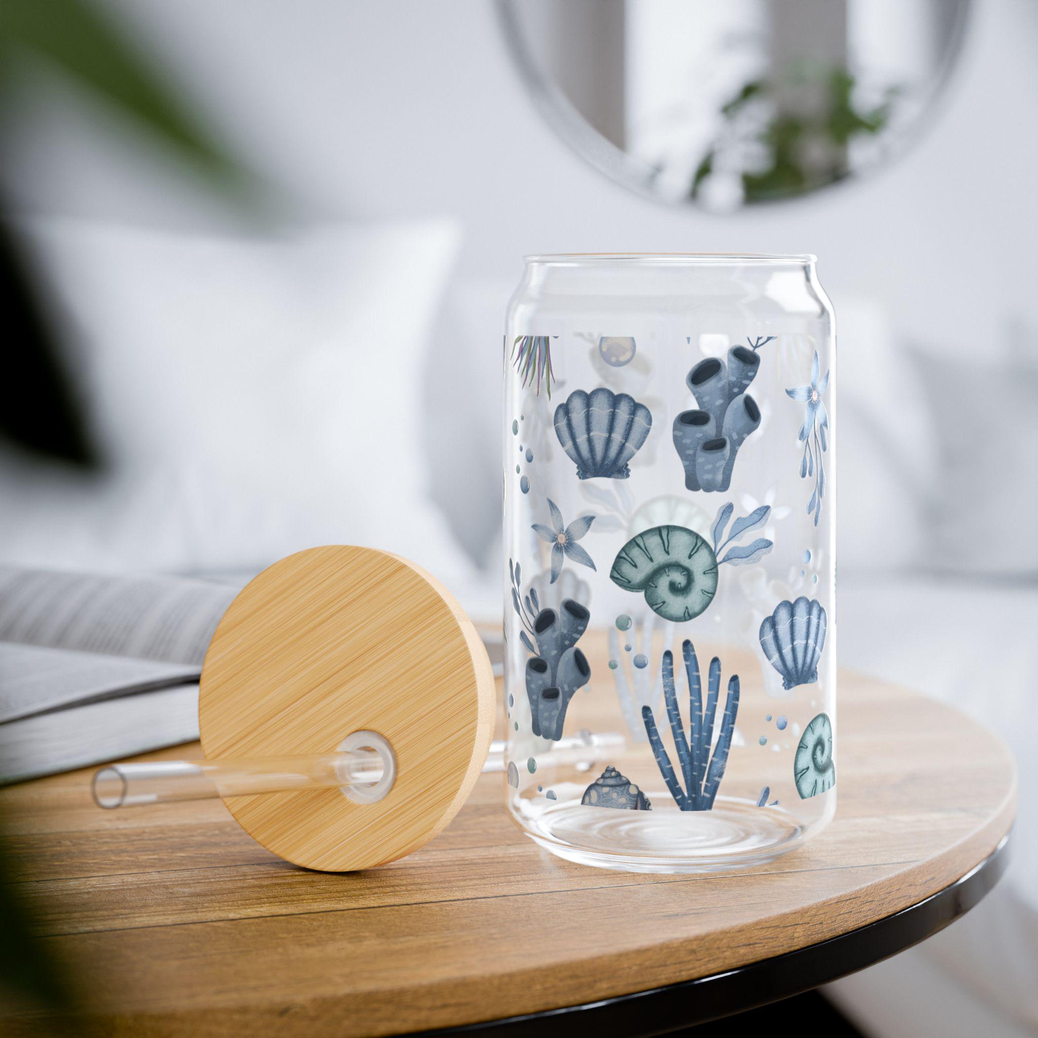 Corals Glass Tumbler, Cute Underwater Glass Can, Blue Sea Creatures Iced Coffee Cup 16oz, Summer Glass Cup with Lid and Straw, Summer Gift