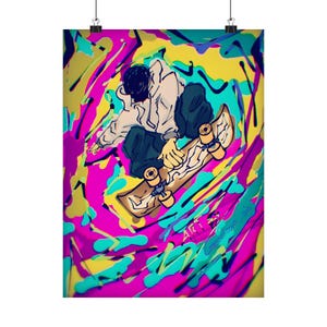 Skateboarder Matte Vertical Poster, Colorful Wall Art, Skate Decor, Youth Room Decoration, Gift for Skaters, Urban Vibes