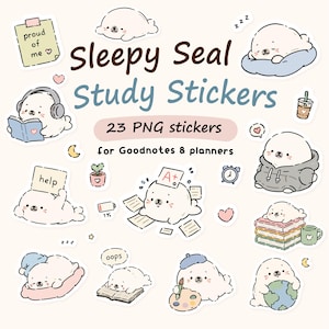 May include: A set of 23 PNG stickers with cartoon seals engaged in study activities. The stickers show seals reading, studying, and sleeping, with the text "Sleepy Seal Study Stickers" and "for Goodnotes & planners".