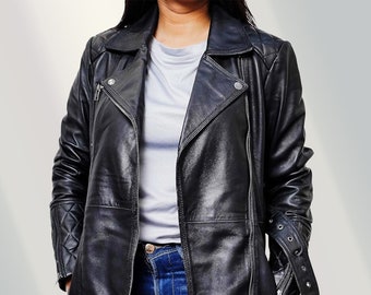 Dames halflange handgemaakte riem Peacoat zwarte schapenvacht lederen trenchcoat