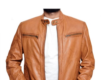 Heren handgemaakte motorfiets biker rits lichtbruin lederen jas