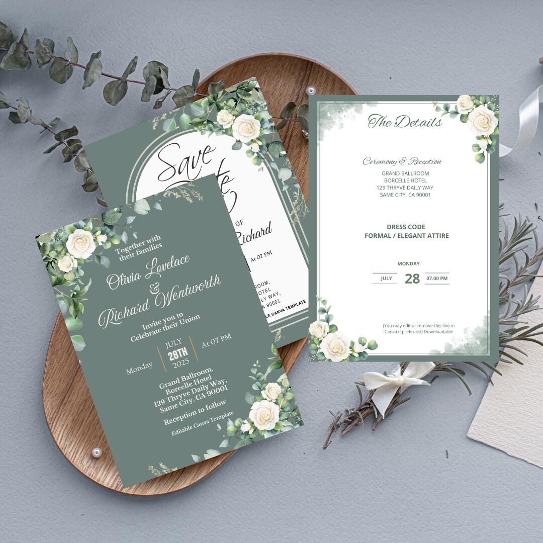 Elegant Sage Green Botanical Wedding Invitation Suite Invitation ...