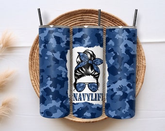 Skinny Tumbler - #NAVYLIFE Messy Bun - NAVY CAMO - 20oz Stainless-Steel, Gift, Mother's Day, Navy Mom