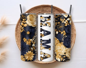 Skinny Tumbler - MAMA Black & Gold Flowers - 20oz Stainless-Steel, Gift, Mother's Day Gift, MOM