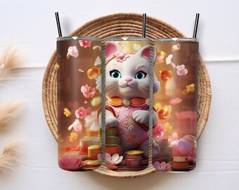 Skinny Tumbler, Fortune Cat, 20oz Stainless-Steel Tumbler, Gift, Cat Lover