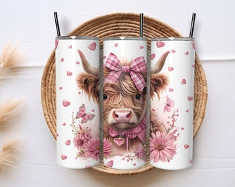 Skinny Tumbler, Highland Cow with Pink Flowers, 20oz Stainless-Steel Tumbler, Gift