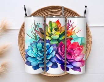 Skinny Tumbler, Rainbow Succulents, 20oz Stainless-Steel Tumbler, Gift, Plants, Garden