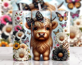 Skinny Tumbler, Highland Cow with Flowers, 20oz Stainless-Steel Tumbler, Gift
