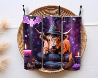 Skinny Tumbler, Cute Highland Cow Witch, 20oz Stainless-Steel Tumbler, Gift, Halloween, Witch, Highland Cow, Cute Witch, Cute Cow