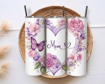 Skinny Tumbler - Mom With Heart of Flowers - 20oz Stainless-Steel, Gift, Mother's Day Gift, MOM