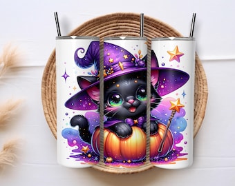 Skinny Tumbler, Cute Black Cat Witch, 20oz Stainless-Steel Tumbler, Gift, Halloween, Witch, Cute Cat, Cute Witch, Black Cat