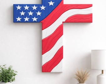 3D Printed American Flag Cross • 20" Patriotic Wall Decor • Christian Home Decor • Simulated Wood Grain • Religious Gift • Faith & Freedom