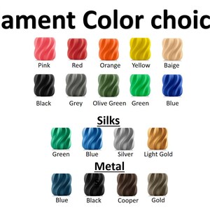 May include: Image showing a variety of 3D printer filament color choices. Colors include pink, red, orange, yellow, beige, black, grey, olive green, green, blue, green silk, blue silk, silver silk, light gold silk, blue metal, black metal, cooper metal, and gold metal.