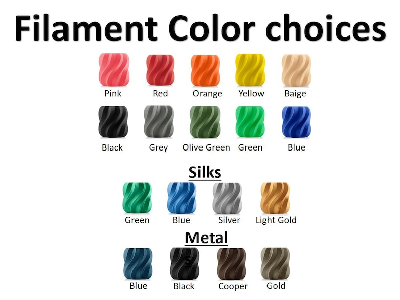 May include: Image showing a variety of 3D printer filament color choices. Colors include pink, red, orange, yellow, beige, black, grey, olive green, green, blue, green silk, blue silk, silver silk, light gold silk, blue metal, black metal, cooper metal, and gold metal.