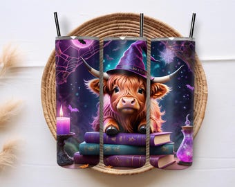 Skinny Tumbler, Cute Highland Cow Witch, 20oz Stainless-Steel Tumbler, Gift, Halloween, Witch, Highland Cow, Cute Witch, Cute Cow