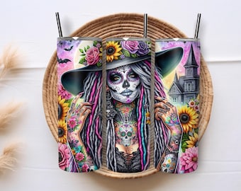 Skinny Tumbler, Witch, 20oz Stainless-Steel Tumbler, Gift, Halloween, Witch, Dia de los muertos, Sugar skull witch