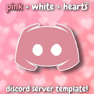 May include: Pink and white Discord server template with hearts in the background. The text "pink + white + hearts" is at the top of the image. The text "discord server template!" is at the bottom of the image.