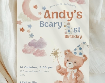 Beary First Birthday Invitation Template Editable Bear Birthday Invite Teddy Bear 1st Birthday Bear Theme Birthday Invite Brown Teddy TB02