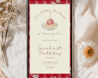 Może przedstawiać: Smartfon wyświetla zaproszenie urodzinowe z czerwonym wzorem w kratę i kwiatowymi akcentami. Tekst brzmi "Our Little Meatball is Turning One" i "Sarah's 1st Birthday". Zaproszenie zawiera kreskówkową klopsik na talerzu.