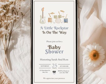 Modèle d'invitation mobile pour baby shower Little Rockstar On The Way Baby Shower numérique Evite Teddy Shower pour bébé sur le thème rock, invitation TB2