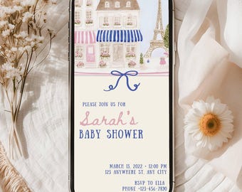 Plantilla de invitación móvil para baby shower con temática de cafetería francesa editable, Torre Eiffel, París, Evite, Canva PR02