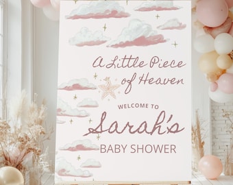 Little Piece of Heaven Baby Shower Welcome Sign Editable Template Dreamy Cloud Theme Baby Girl Shower Welcome Poster Heaven Sent Canva