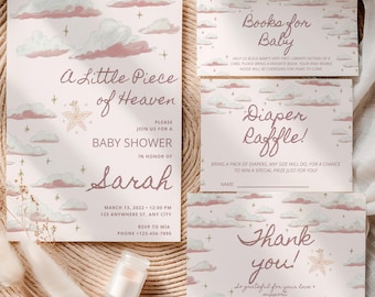May include: Baby shower invitation and cards with a celestial theme. The invitation reads "A Little Piece of Heaven" with the name "Sarah". Cards include "Books for Baby", "Diaper Raffle", and "Thank you!" in a soft pink and white color scheme.