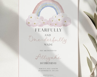 Fearfully and One-derfully Made Birthday Invitation Template Editable Bible Verse 1st Birthday Invite Wonderfully Made Christian Invite CT1