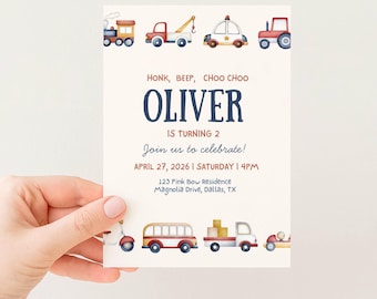 Honk Beep Choo Choo 2Nd Birthday Invitation Template Editable Cars Second Birthday Invite Boy 2nd Birthday Printable Invite Canva CC1