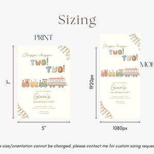 May include: Two birthday party invitations, one print and one mobile, with a train theme. The print invitation is 5 inches wide and 7 inches tall. The mobile invitation is 1080px wide and 1920px tall. The text says "Chugga chugga... TWO! TWO!" and "Gian's 2nd Birthday Party."