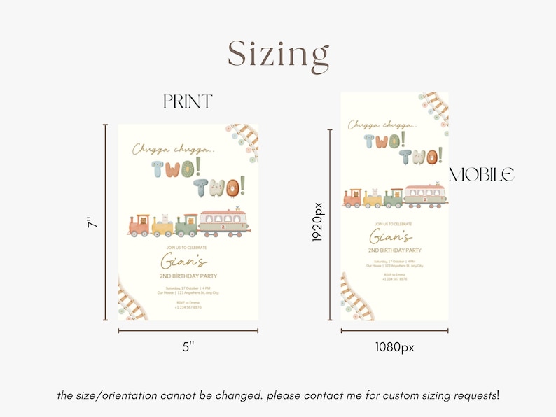 May include: Two birthday party invitations, one print and one mobile, with a train theme. The print invitation is 5 inches wide and 7 inches tall. The mobile invitation is 1080px wide and 1920px tall. The text says "Chugga chugga... TWO! TWO!" and "Gian's 2nd Birthday Party."