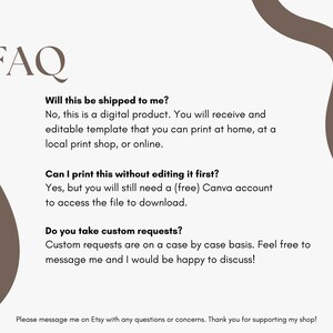 May include: A digital product FAQ sheet with text in a serif font. The text answers questions about shipping, printing, and custom requests. The background is a light beige with brown decorative shapes.