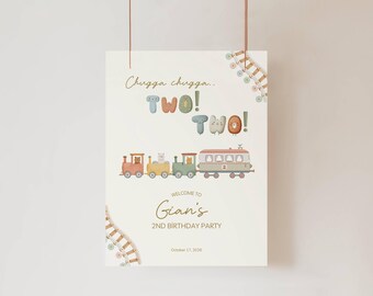 Chugga Chugga Two Two 2Nd Birthday Welcome Sign Template Editable Train Theme Second Birthday Party Decoration Boy Printabe Poster Canva TR1