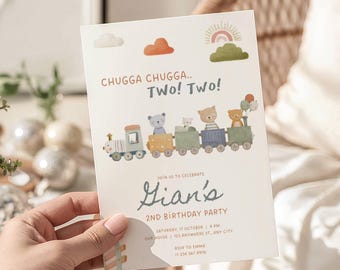 May include: A birthday party invitation with the text "Chugga Chugga.. Two! Two!" and "Gian's 2nd Birthday Party". The invitation features a watercolor illustration of a train with animal passengers, clouds, a rainbow, and a sun.