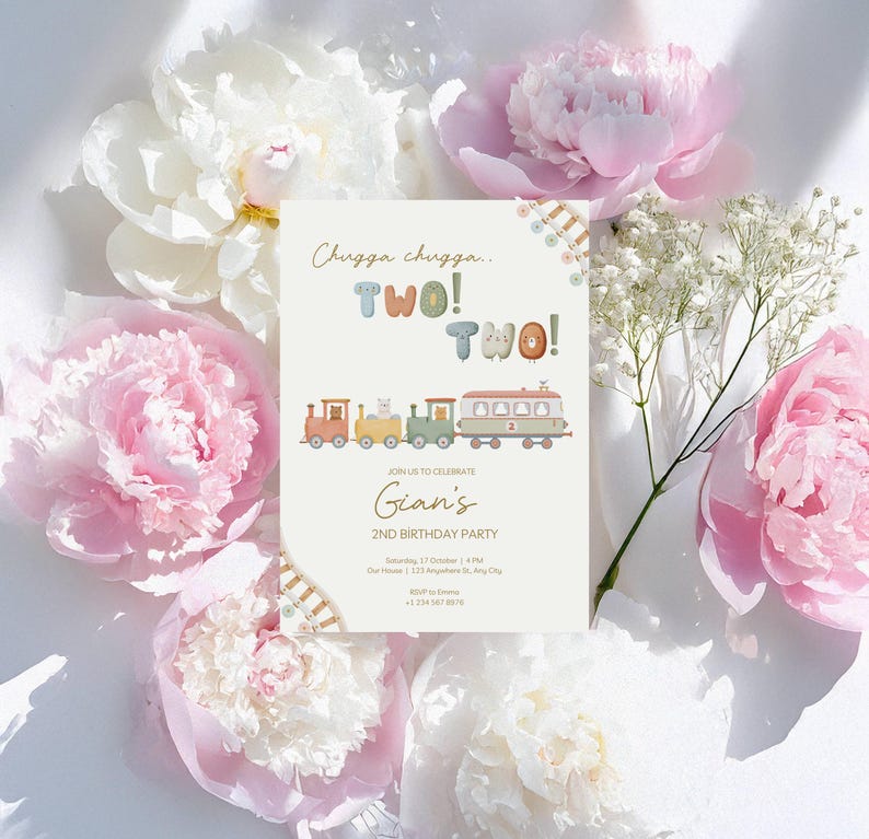May include: A birthday party invitation with a train illustration and the text "Chugga chugga... TWO! TWO!" in pastel colors. The invitation also includes the name "Gian's" and party details. Surrounded by pink and white peonies.