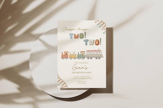 Chugga Chugga Two Two Birthday Invitation Template Editable Boy 2nd Birthday Invite Train Theme Printable Invite Canva TR1