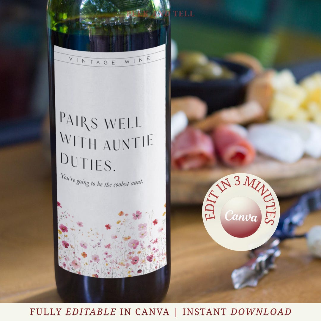 Aunt Wine Reveal Template Editable Pregnancy Announcement Label Unique ...