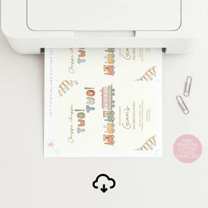 May include: A printer is shown printing invitations with a train theme. The invitations say "Chugga chugga... TWO!" and "Glan's 2nd Birthday Party". The design includes colorful train illustrations and a pink circle with text.