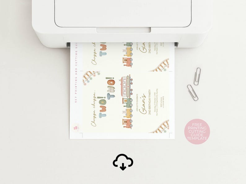 May include: A printer is shown printing invitations with a train theme. The invitations say "Chugga chugga... TWO!" and "Glan's 2nd Birthday Party". The design includes colorful train illustrations and a pink circle with text.